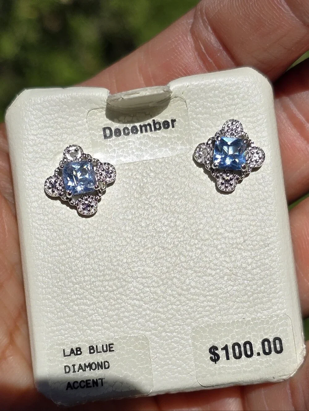 NWT sterling silver 925 blue diamond clover diamond accent December studs earrin
